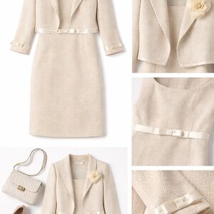 VTG 90’s Cream Tweed Suit Set Cropped Structured Jacket & Dress
